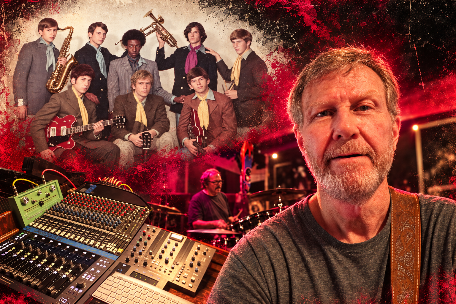 Clint's music career collage with his original band, studio console, drummer, and present-day portrait